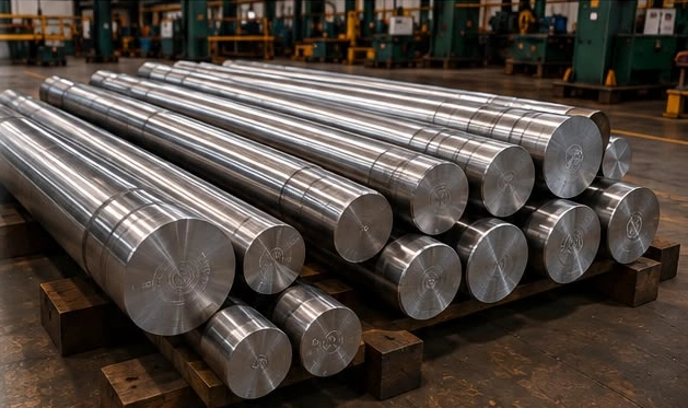 Forged bars stacked on the factory floor