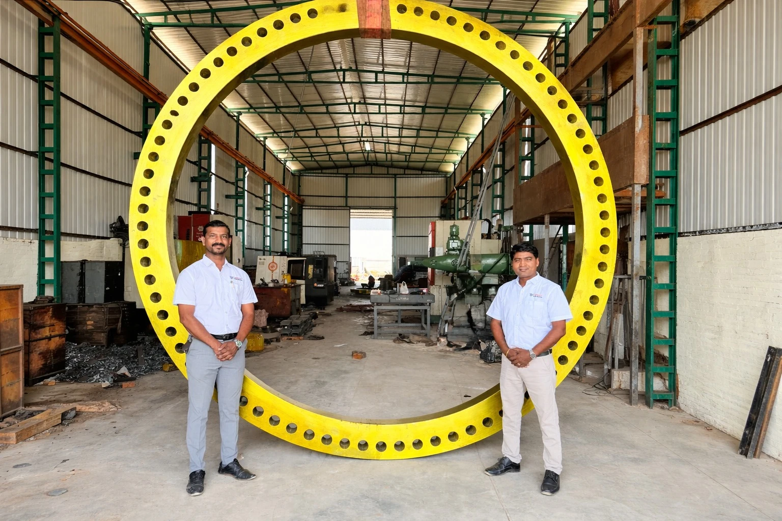 Large yellow industrial ring with the Vaishnavi team